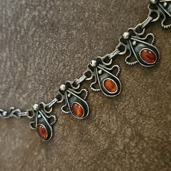 VTG Sterling Silver Red Gemstone Teardrop Colonial Goth Chain Necklace - Picture 4 of 8